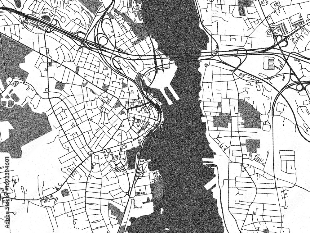 Naklejka premium Urban map of New London, Connecticut, illustrated in monochrome with a strong grid and shaded elements.