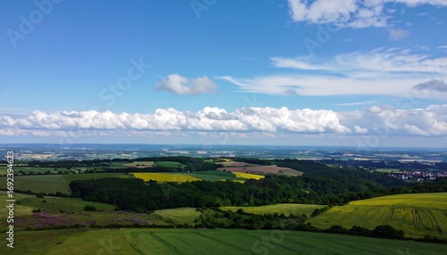 Panoramic view of rolling hills and fields