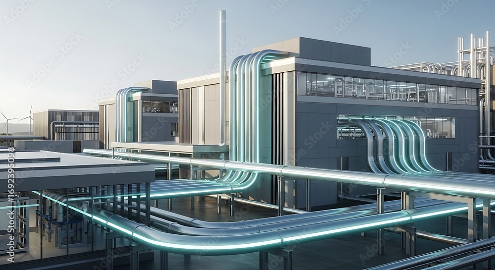 Naklejka premium Futuristic industrial complex with glowing pipelines and modern architecture for advanced manufacturing
