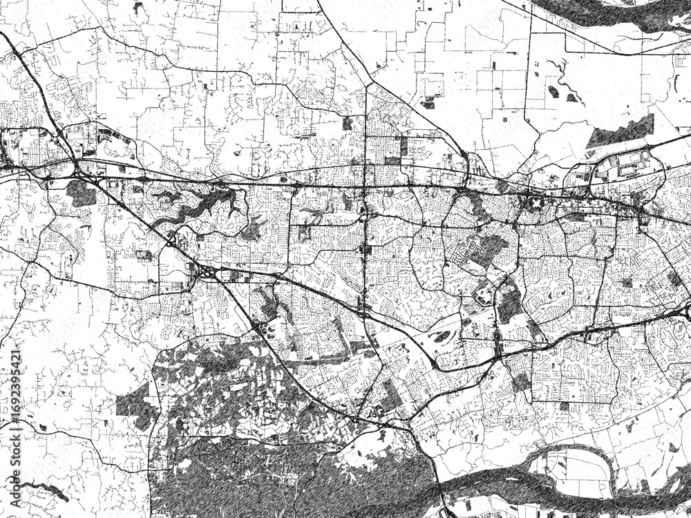 Fototapeta premium Stylized monochrome city map of O'Fallon, Missouri, created in a hand-drawn digital style with bold lines and shaded textures.