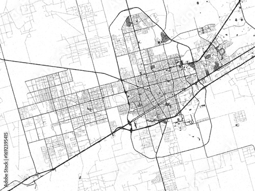 Black and white map of Odessa, Texas, designed in a digital hand-drawn style, highlighting roads, parks, and rivers.