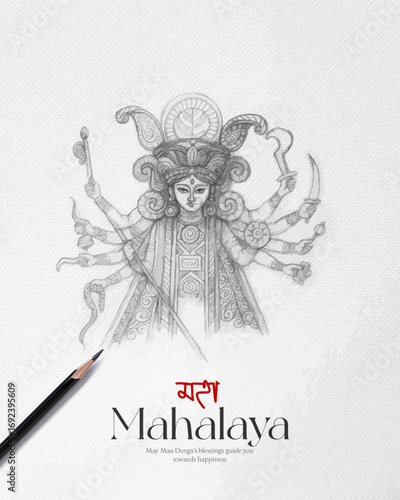 Maha Mahalaya poster featuring a detailed hand-drawn pencil sketch of the Dashabhuja (ten-armed) Goddess Durga, an artistic greeting for social media
