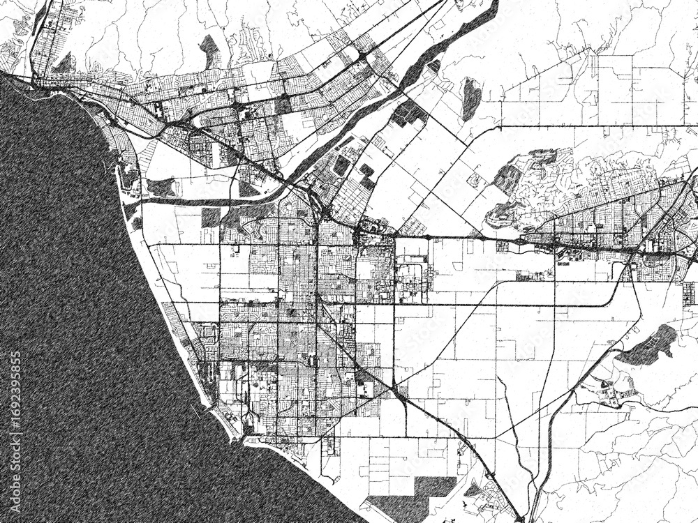 Naklejka premium Urban map of Oxnard, California, illustrated in monochrome with a strong grid and shaded elements.