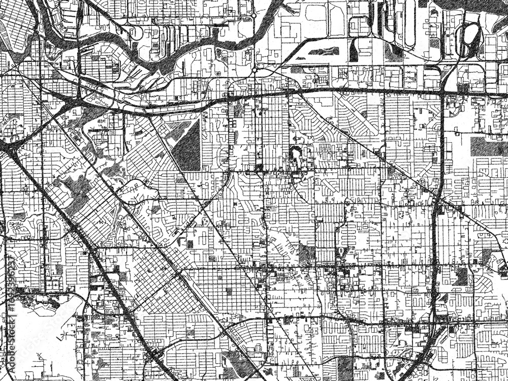Obraz premium Sketch-style city map of Pasadena, Texas, in monochrome black and white, perfect for wall art and editorial use.