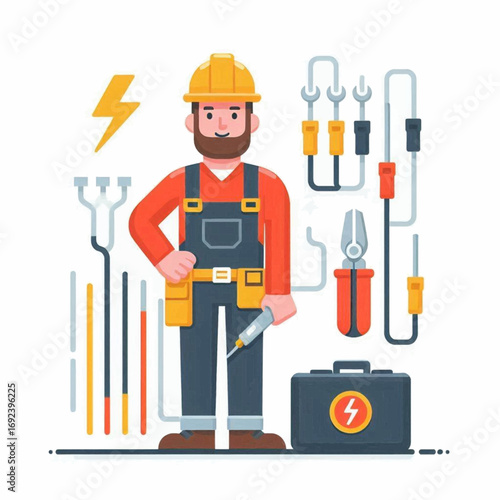 Cartoon electrician in work gear holding a tool stands beside electrical equipment with a toolbox at his feet