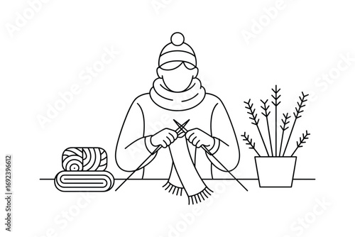 Person wearing winter clothes knitting with yarn and needles surrounded by cozy crafting elements white background