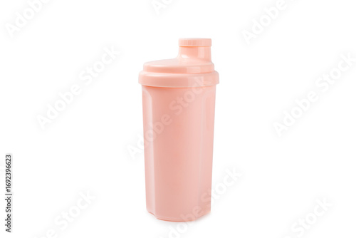 Protein powder.protein shake isolated on white background.Shaker bottle with protein.Food supplement.Whey protein powder with shaker for mixing.Sports nutrition.Concept of sports and healthy lifestyle