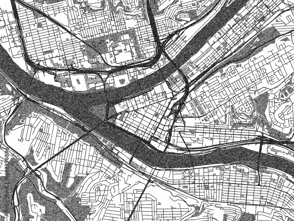 Obraz premium Black and white city map of Pittsburgh Center, Pennsylvania, illustrated with fine detail and sketch textures.