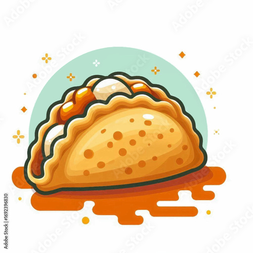 Cartoon empanada with cheese sauce and doughy spots against a turquoise backdrop