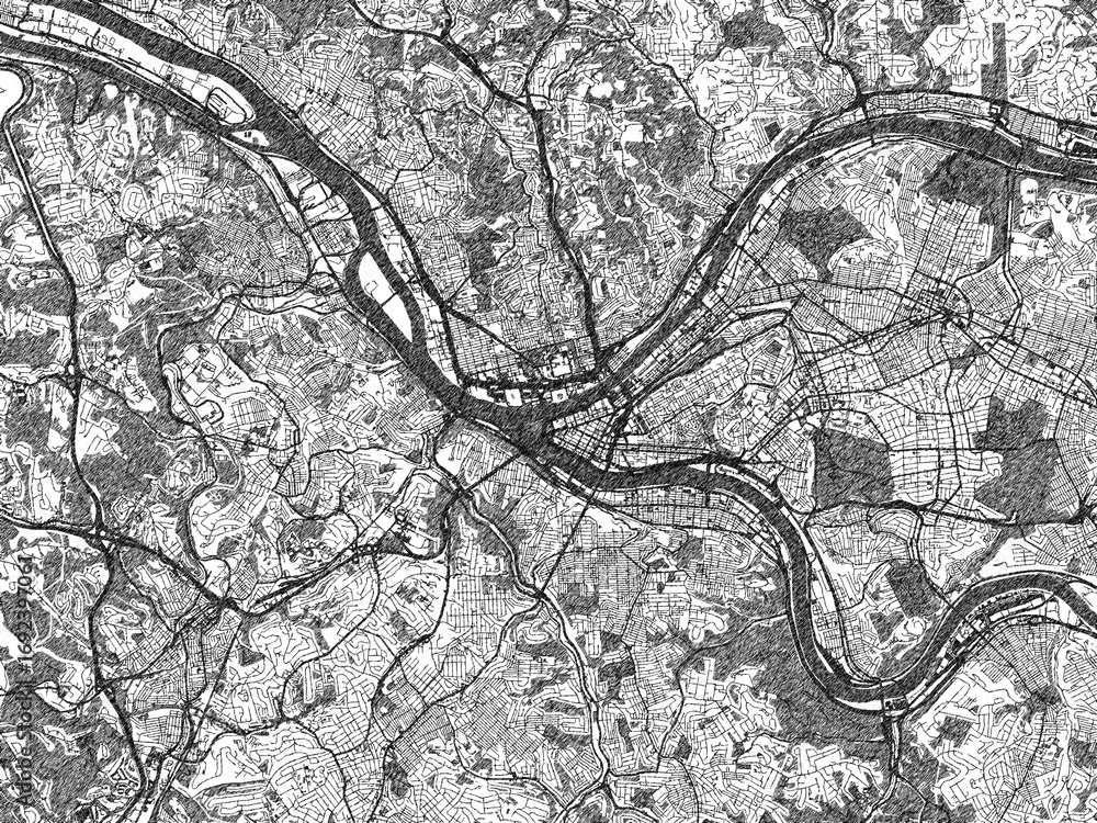 Obraz premium Poster-ready city map of Pittsburgh, Pennsylvania, in black and white sketch-like style with detailed street layouts.