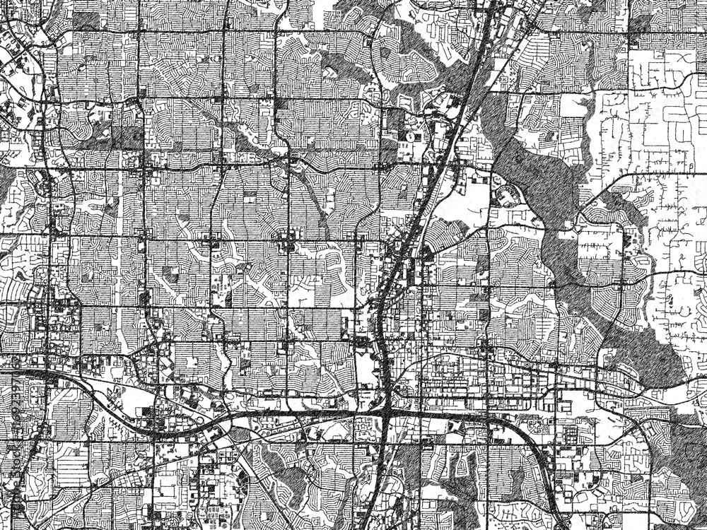 Naklejka premium Monochrome sketch map of Plano, Texas, highlighting roads, rivers, and urban design.