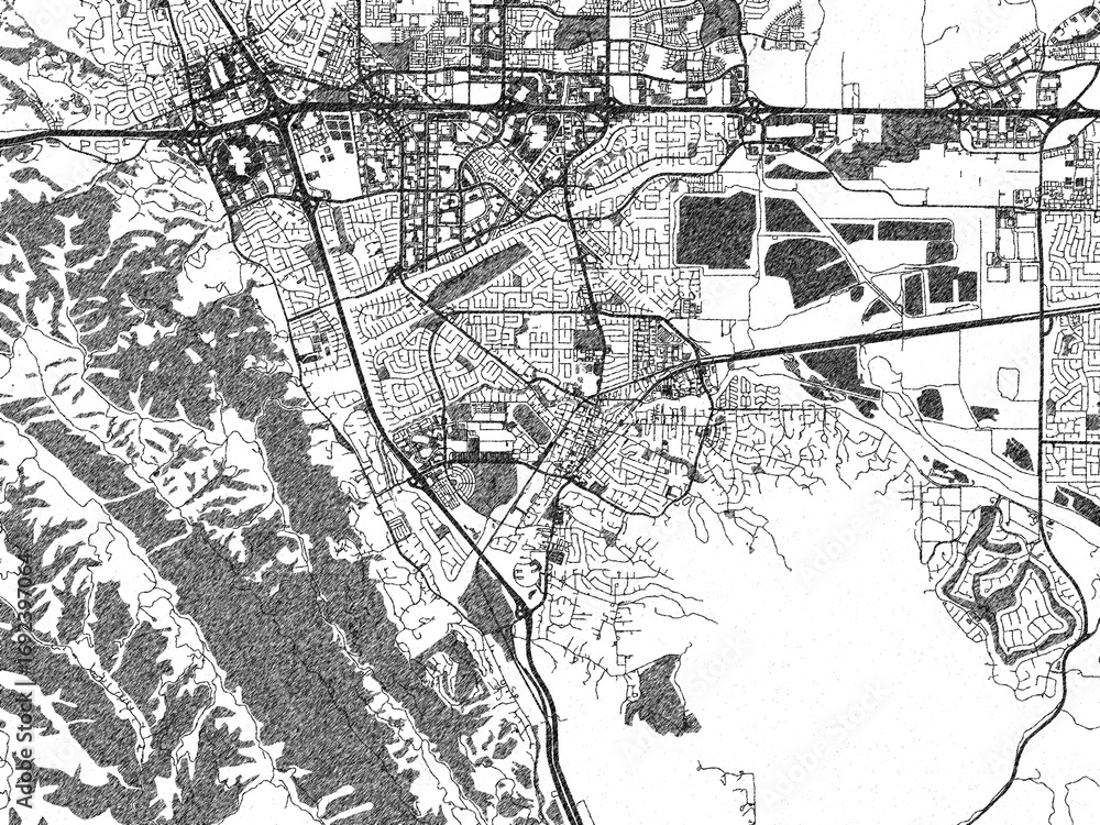 Naklejka premium Black and white city map of Pleasanton, California, illustrated with fine detail and sketch textures.