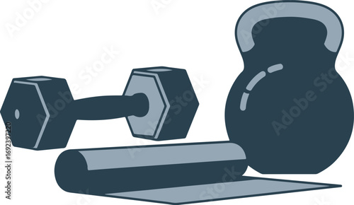 Conceptual fitness graphic illustrating dumbbell, kettlebell and roller for exercise