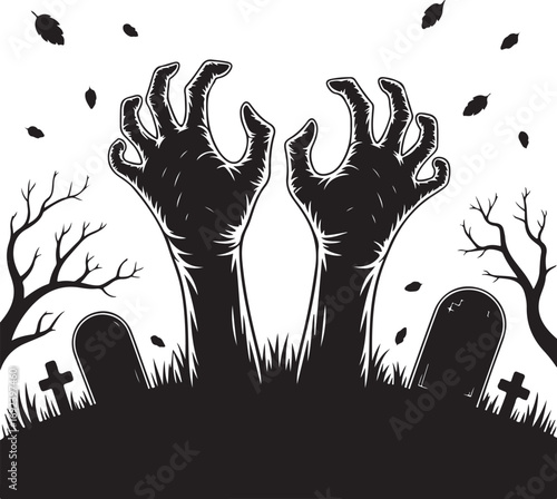 Zombie hands silhouette. Creepy zombie crooked lambs stick out of graveyard ground vector illustration set