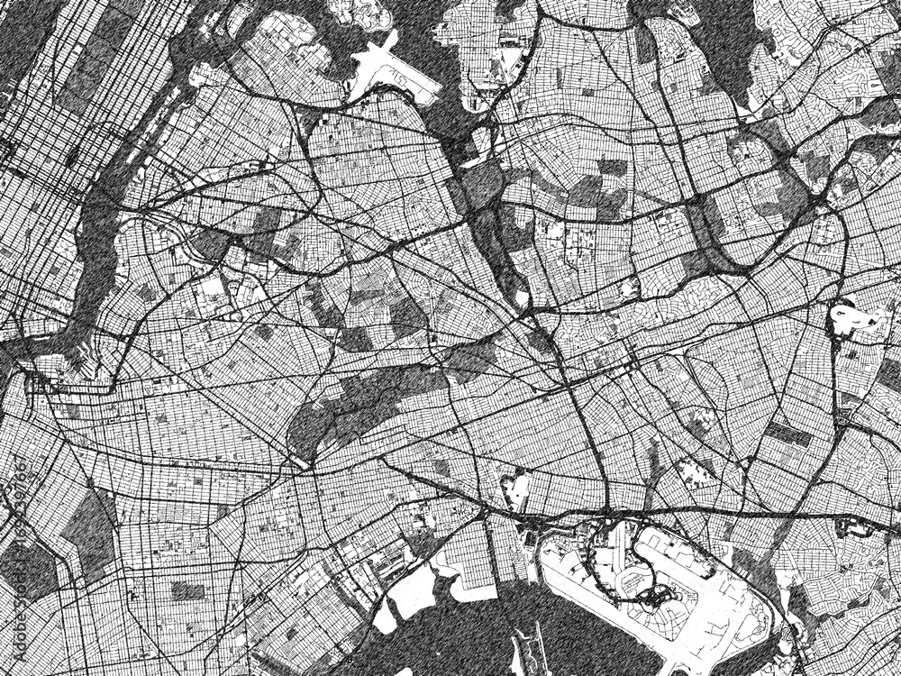 Fototapeta premium Black and white hand-drawn map of Queens New, York, designed as a decorative illustration.
