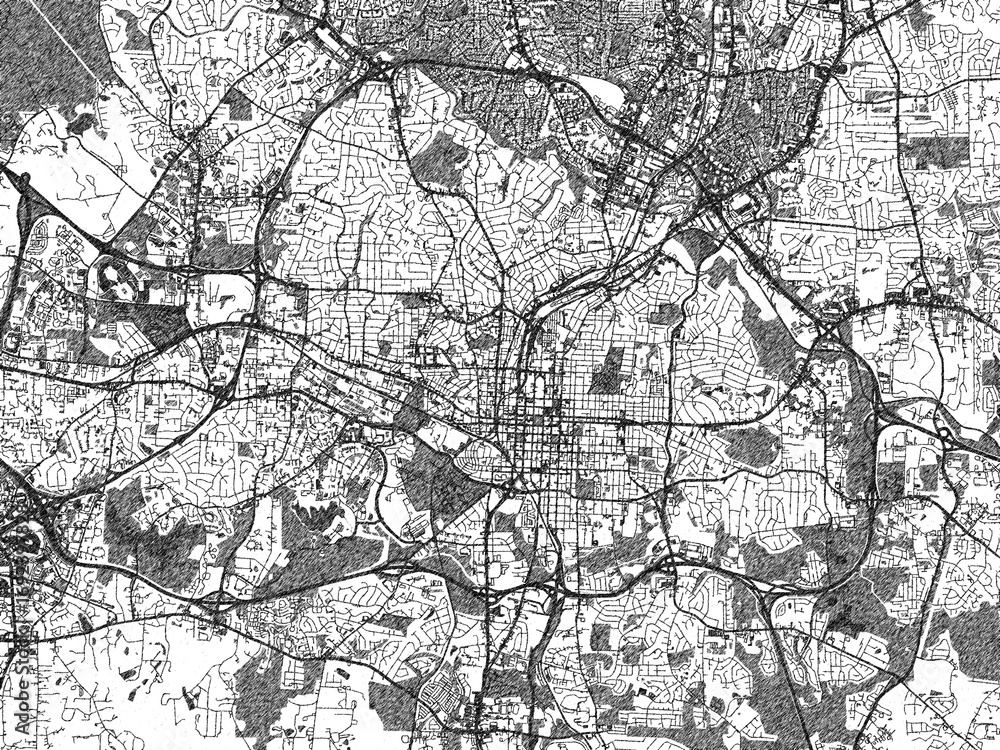 Naklejka premium Minimalist map of Raleigh North, Carolina, illustrated in black and white with a bold street grid and shaded parks.