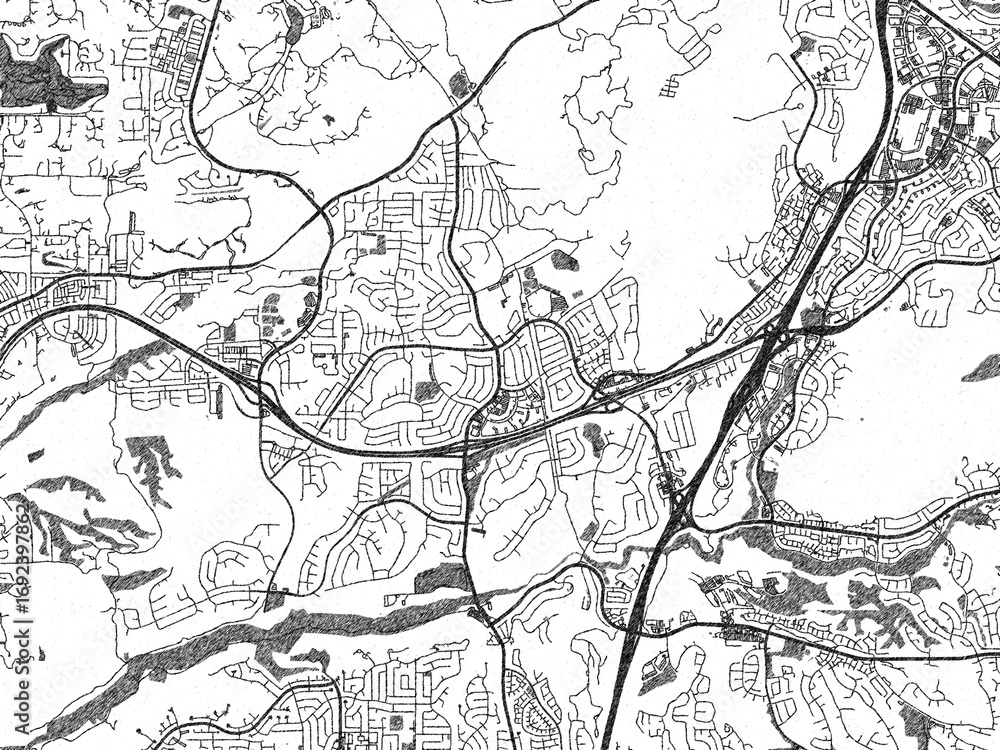 Fototapeta premium Hand-drawn style black and white city map of Rancho_Penasquitos, California, showing its urban design in an artistic layout.