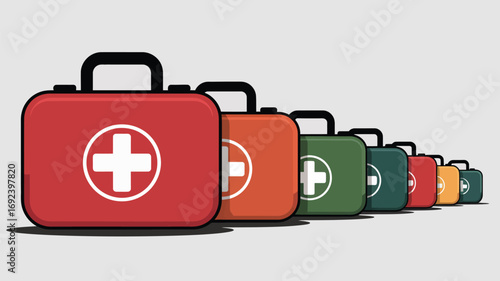 A row of colorful first aid kits with white crosses on them decreasing in size from left to right