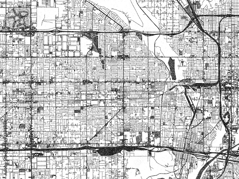 Obraz premium Black and white map of Rialto, California, designed in a digital hand-drawn style, highlighting roads, parks, and rivers.