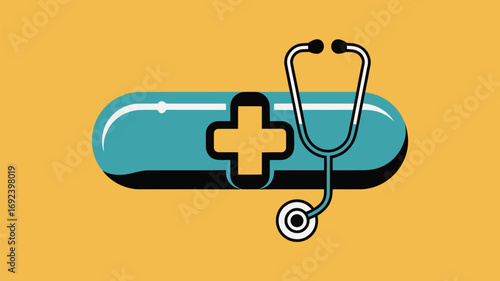 A cartoon drawing of a blue pill with a yellow cross and a stethoscope on a yellow background