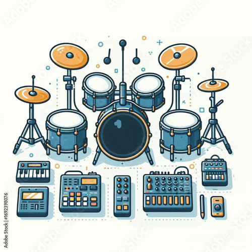 Cartoon music equipment set drums mixers keyboards and more