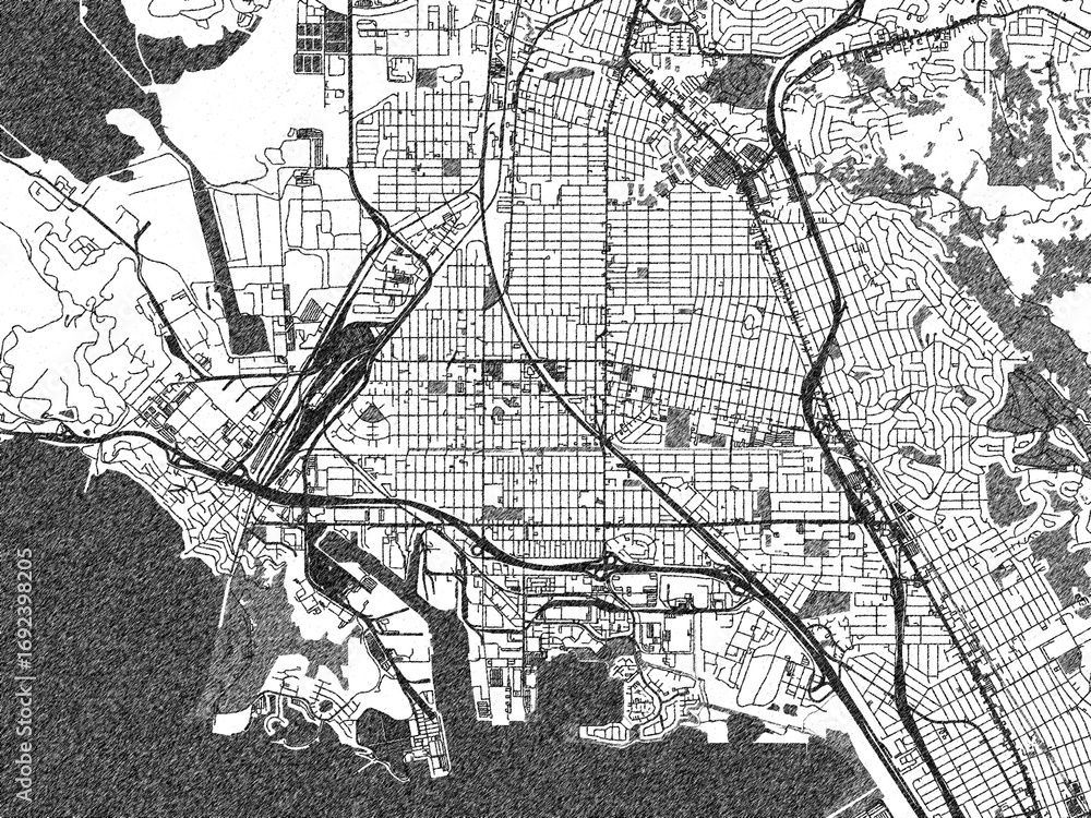 Naklejka premium Black and white city map of Richmond, California, illustrated with fine detail and sketch textures.