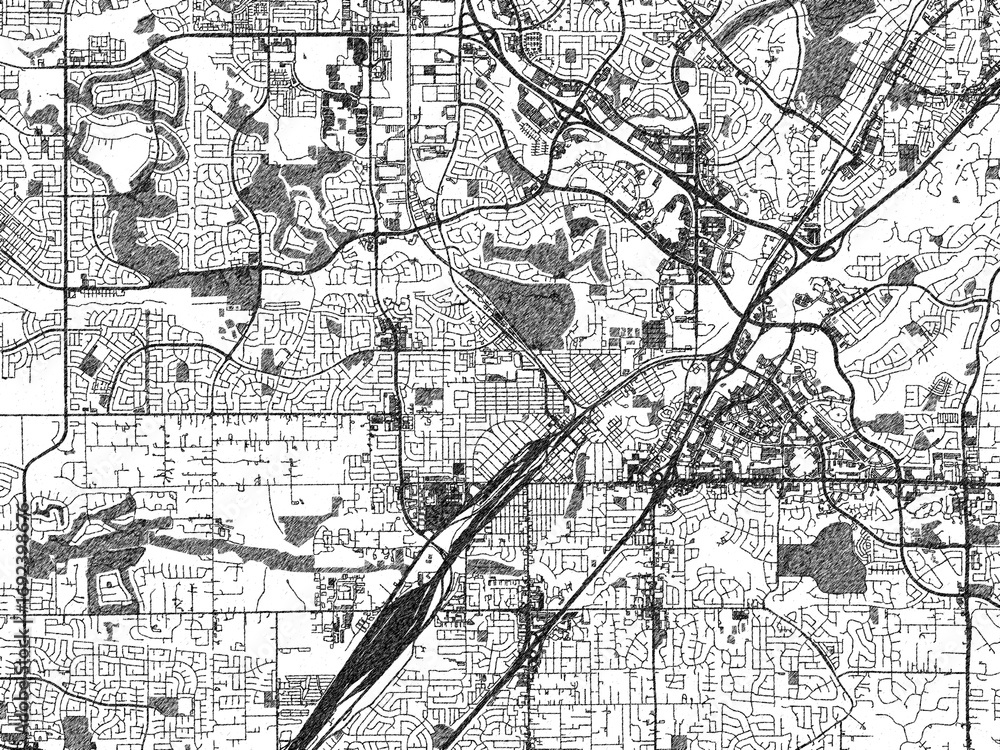 Fototapeta premium Black and white sketch-style map of Roseville, California, designed digitally with fine details and bold textures.