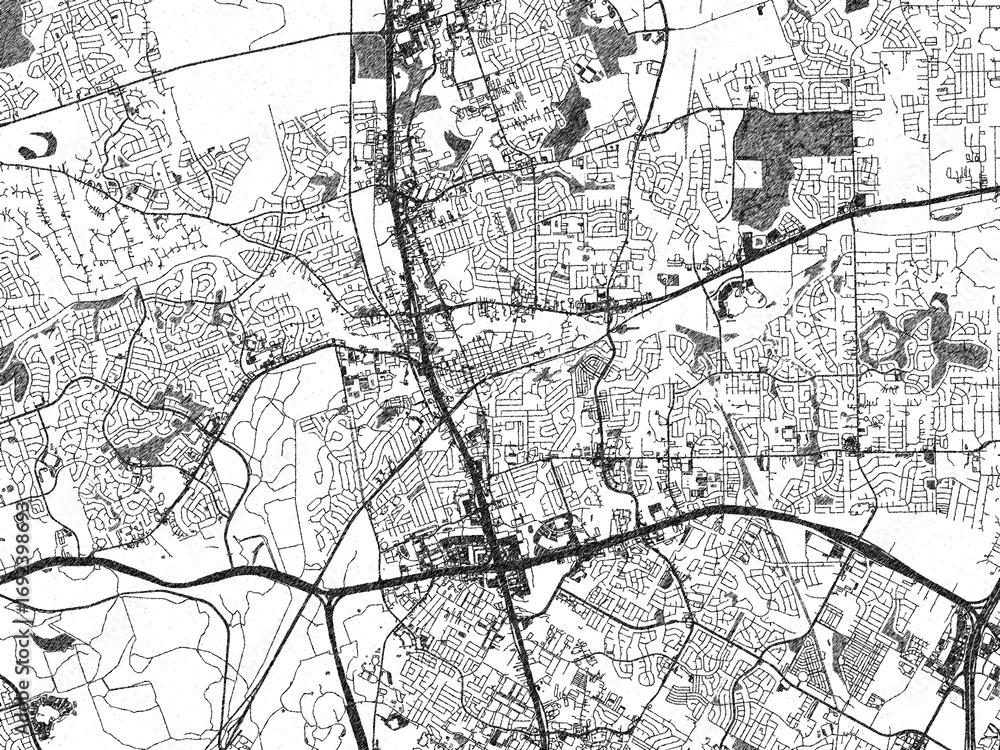 Obraz premium Illustrated monochrome map of Round Rock, Texas, created in a hand-drawn digital style for decorative and editorial use.