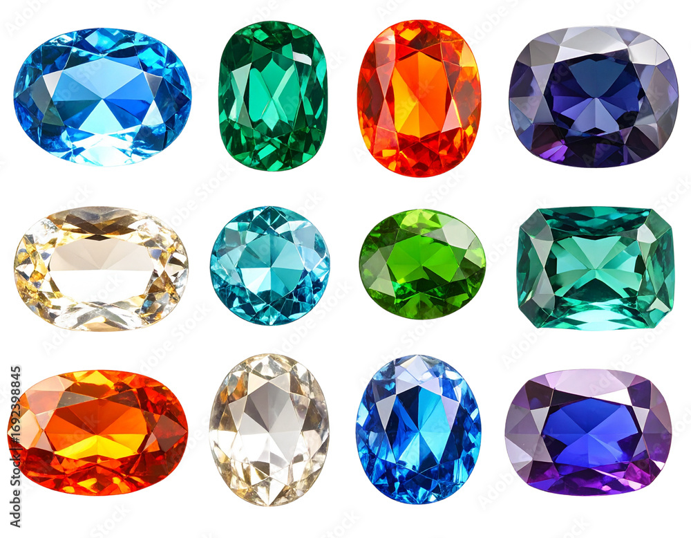 Fototapeta premium Assorted Bright Gemstones Cutout Isolated on Transparent Background PNG