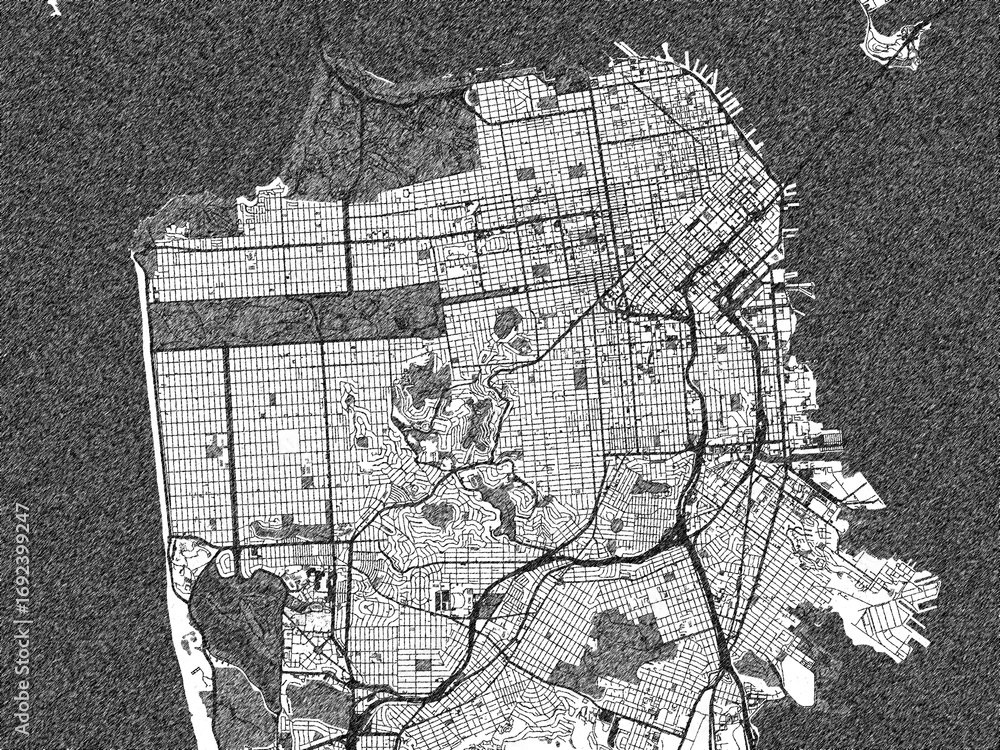 Naklejka premium Poster-ready illustration map of San Francisco, California, in black and white hand-drawn style.