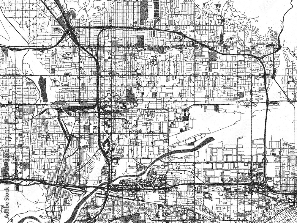 Obraz premium Artistic city map of San Bernardino, California, created in hand-drawn black and white for editorial or decorative projects.