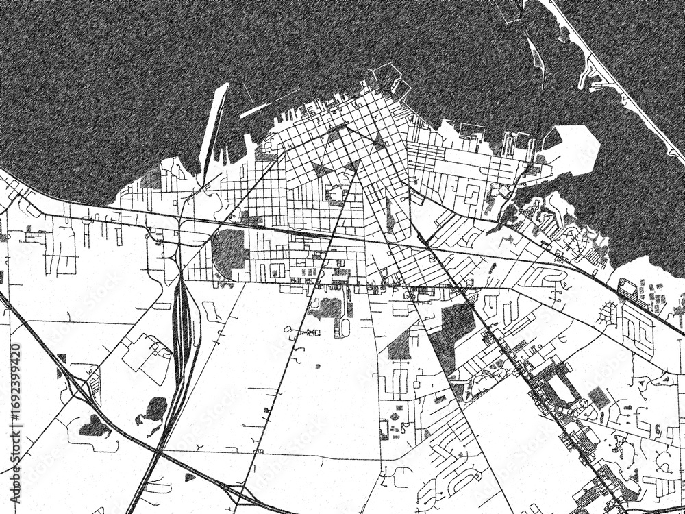 Fototapeta premium Artistic city map of Sandusky, Ohia, drawn in a black and white sketch-like style, ideal for posters and wall art.