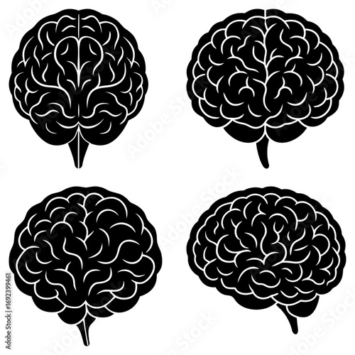 Four stylized black and white brain illustrations in different views on a white background image art