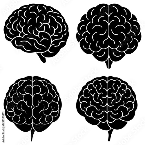 Four stylized black brain illustrations with detailed convolutions and anatomical representation