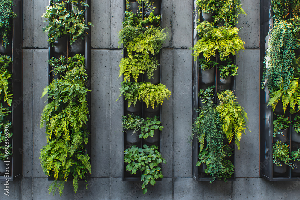 Fototapeta premium Decorating a wall with a black metal frame and various types of plants on a concrete surface