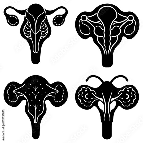 Four stylized black and white uterus illustrations with varying internal designs and shapes displayed