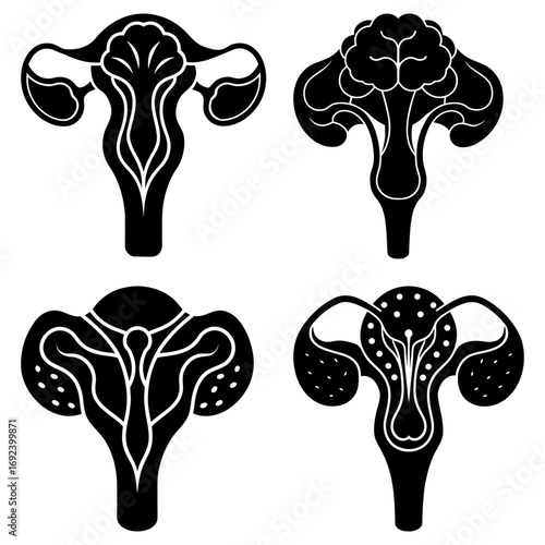 Stylized anatomical uterus illustrations in black and white with varying internal designs shown in a grid