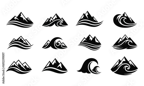 A vector icon set of sea waves with mountain