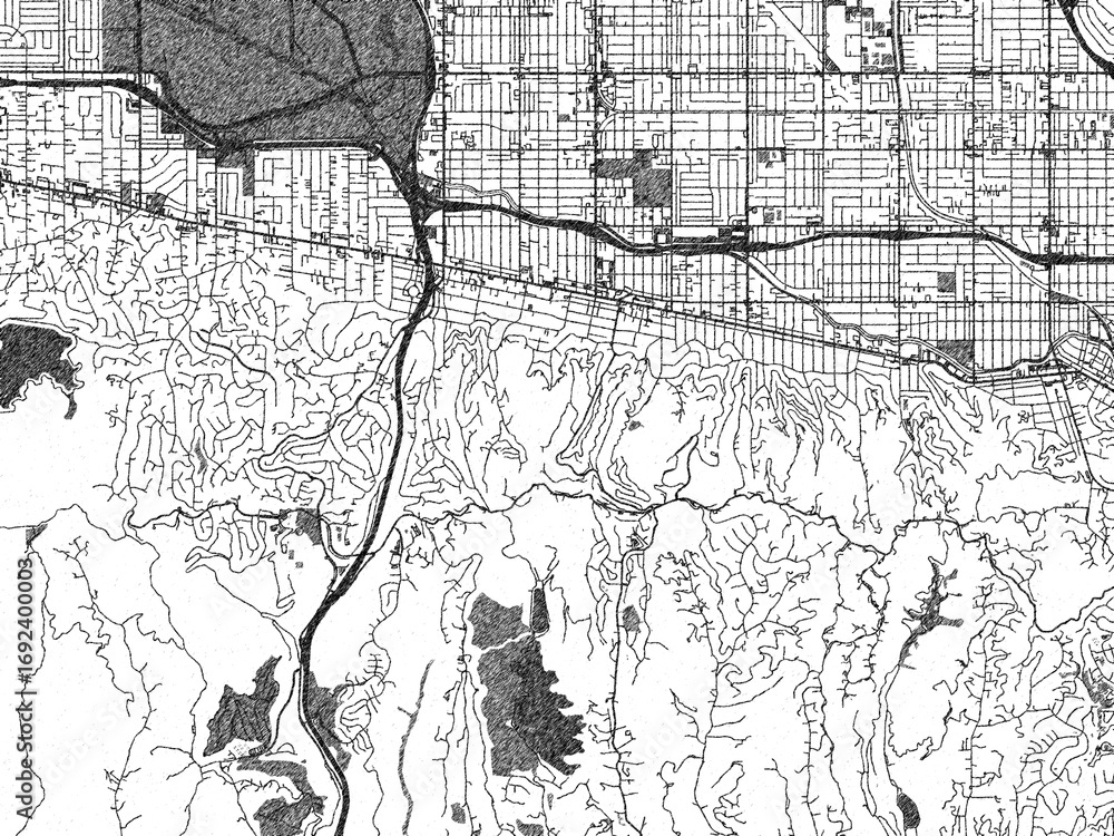 Naklejka premium Urban map of Sherman Oaks, California, illustrated in monochrome with a strong grid and shaded elements.