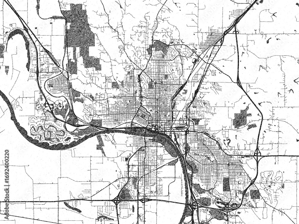 Obraz premium Hand-drawn style black and white city map of Sioux City, Iowa, showing its urban design in an artistic layout.