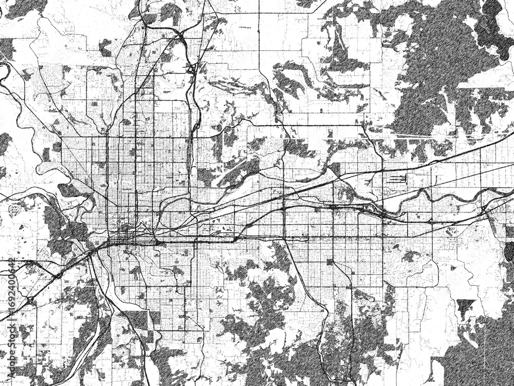 Naklejka premium Hand-drawn style black and white city map illustration of Spokane Metro, Washington, with detailed streets and shaded textures.