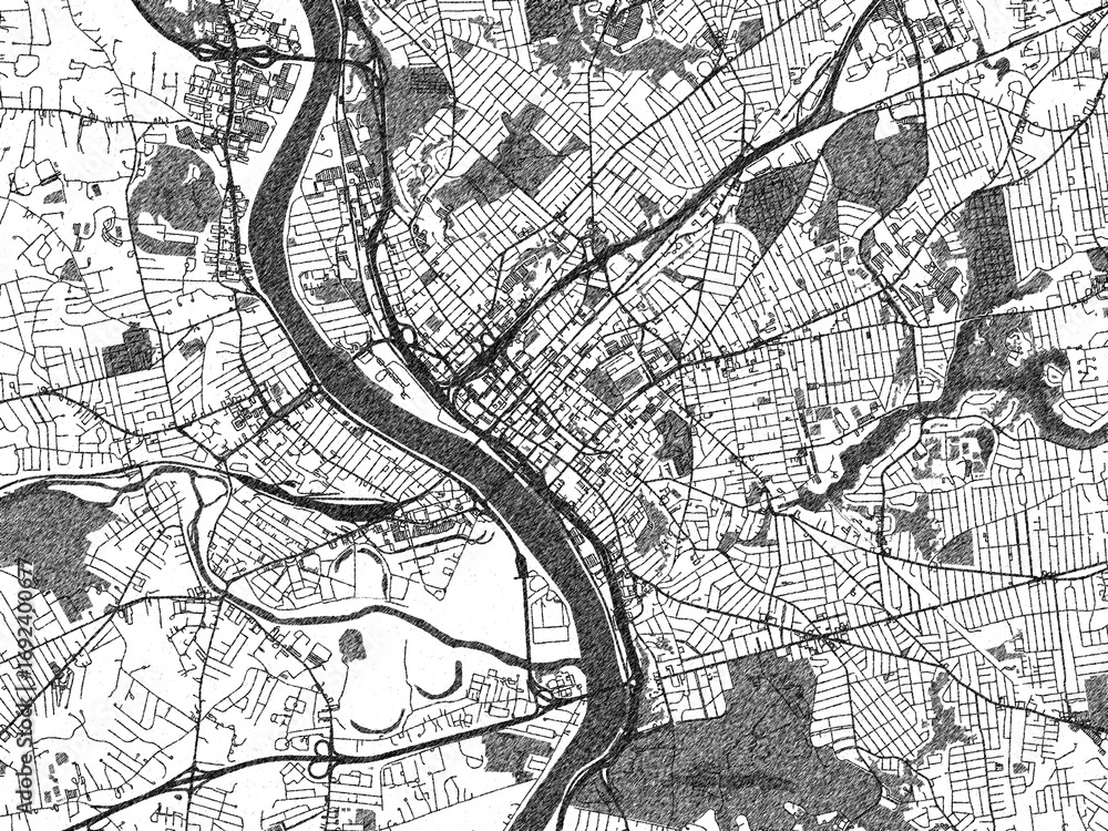 Obraz premium Artistic city map of Springfield, Massachusetts, created in hand-drawn black and white for editorial or decorative projects.