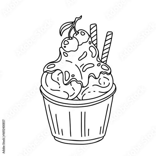 Ice cream balls in bowl outline icon vector illustration isolated on white background. Hand drawn line decorative twisted wafer sticks, drops of chocolate syrup liquid flow and melt over ice cream