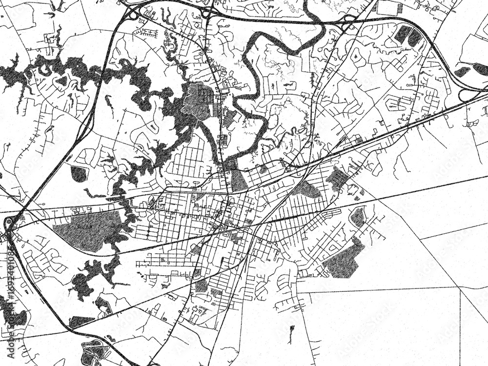 Fototapeta premium Urban map of Suffolk, Virginia, illustrated in monochrome with a strong grid and shaded elements.