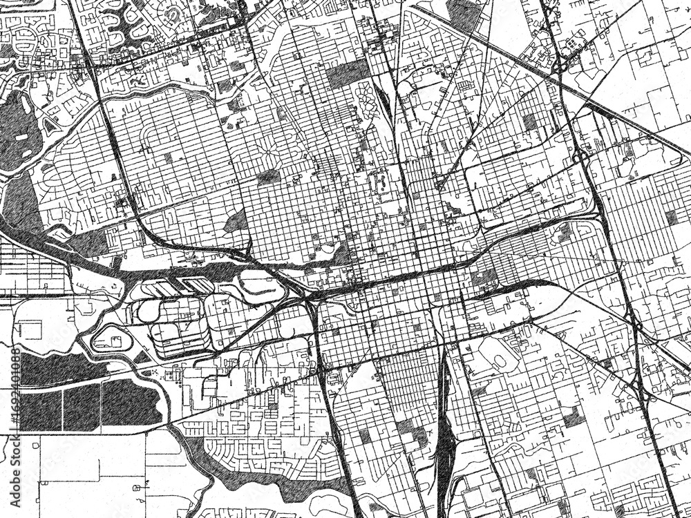 Fototapeta premium Hand-drawn style black and white city map illustration of Stockton, California, with detailed streets and shaded textures.