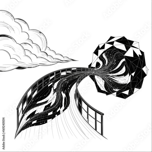 Vector art of abstract black and white ink drawing of surreal feather and building fusion artwork