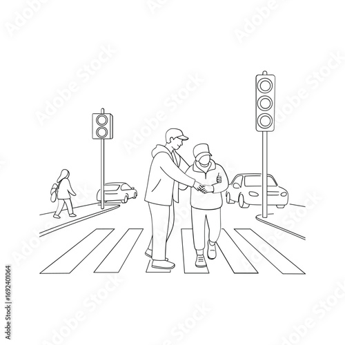 Elderly couple safely crosses busy street at traffic signal pedestrian crossing white background