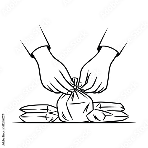 Hands tying a knot on a bag with gloves protecting the hands for safety and cleanliness white background