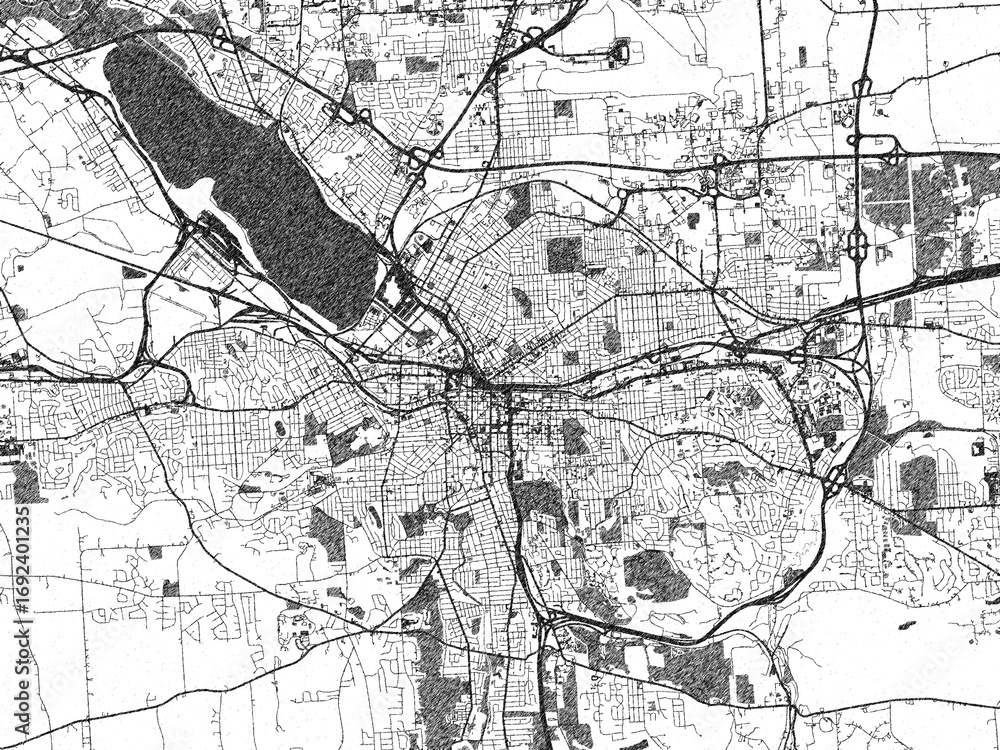 Naklejka premium Artistic city map of Syracuse New, York, created in hand-drawn black and white for editorial or decorative projects.