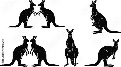 Silhouette illustration of kangaroos in various poses, including mother with joey, standing, facing, and sitting, Australian wildlife vector